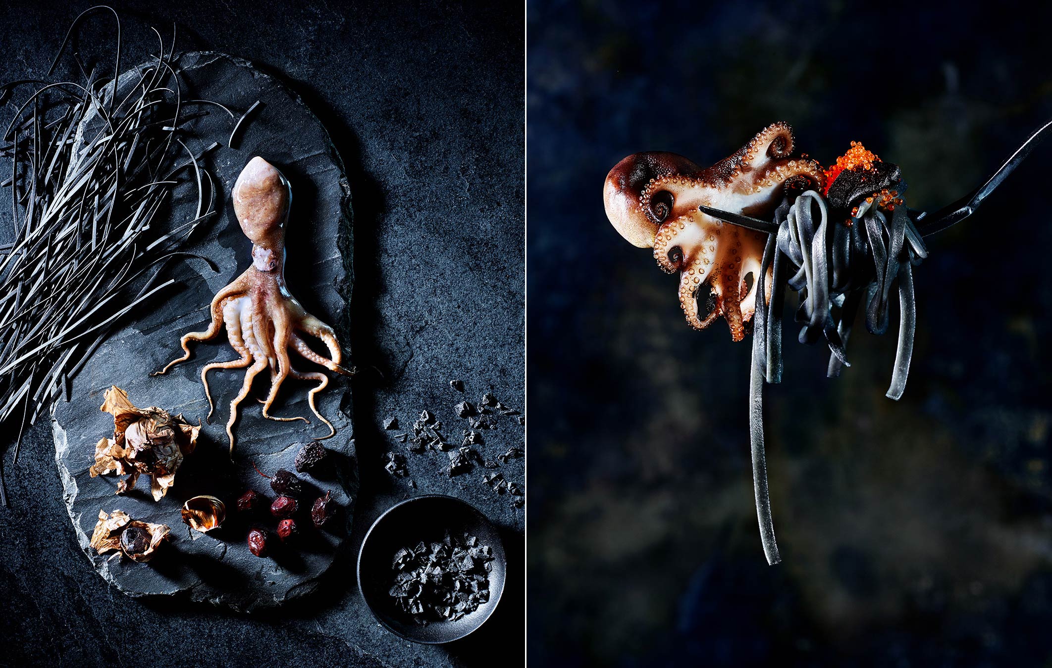 Baby Octopus with Squid Ink Linguini and Red Roe